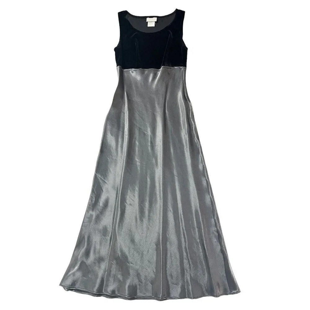 Vtg Black Velvet Metallic Gray Maxi Dress Sleeveless 90s Goth Y2K Prom Dance